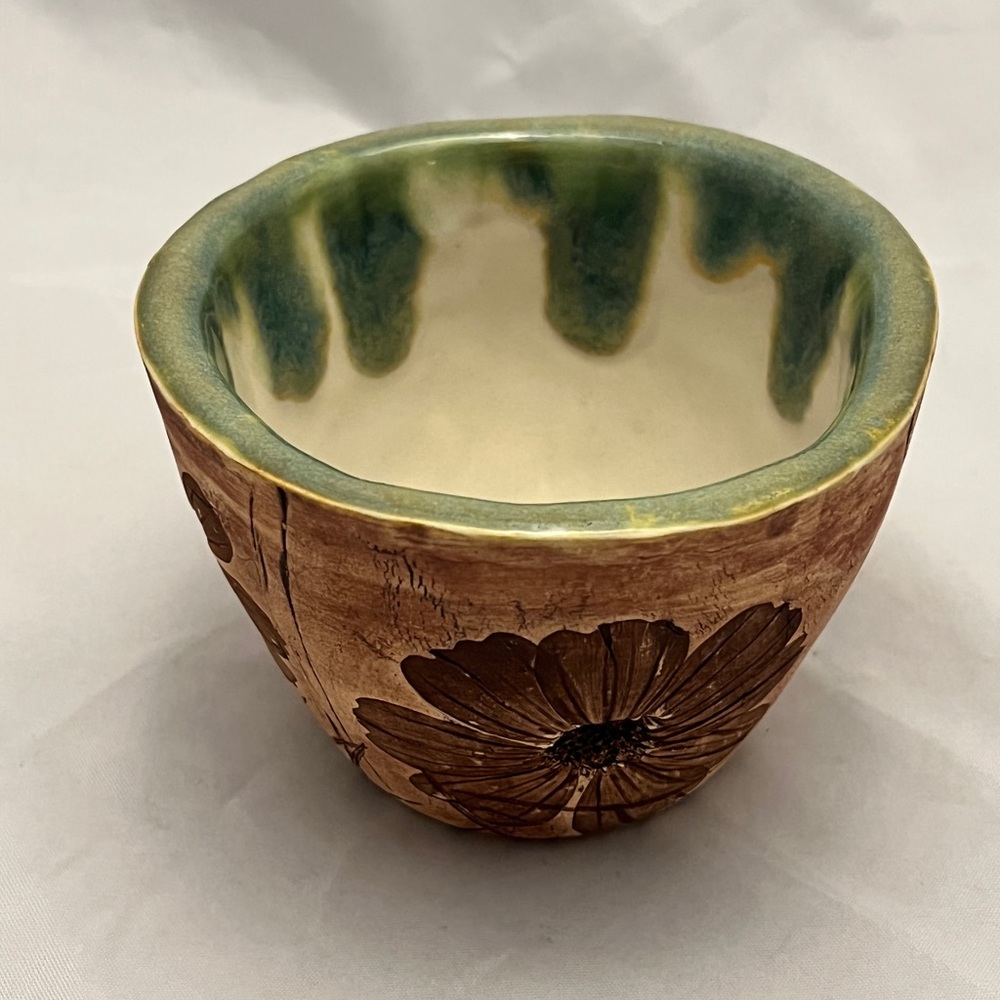 Studio Art Pottery Bowl, Glazed Inside, Impressed Flowers On Outside